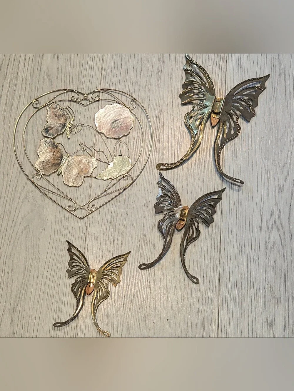 Gold and Pink Heart Floral Wall Art with Gold Butterflies - Decorative Metal Set